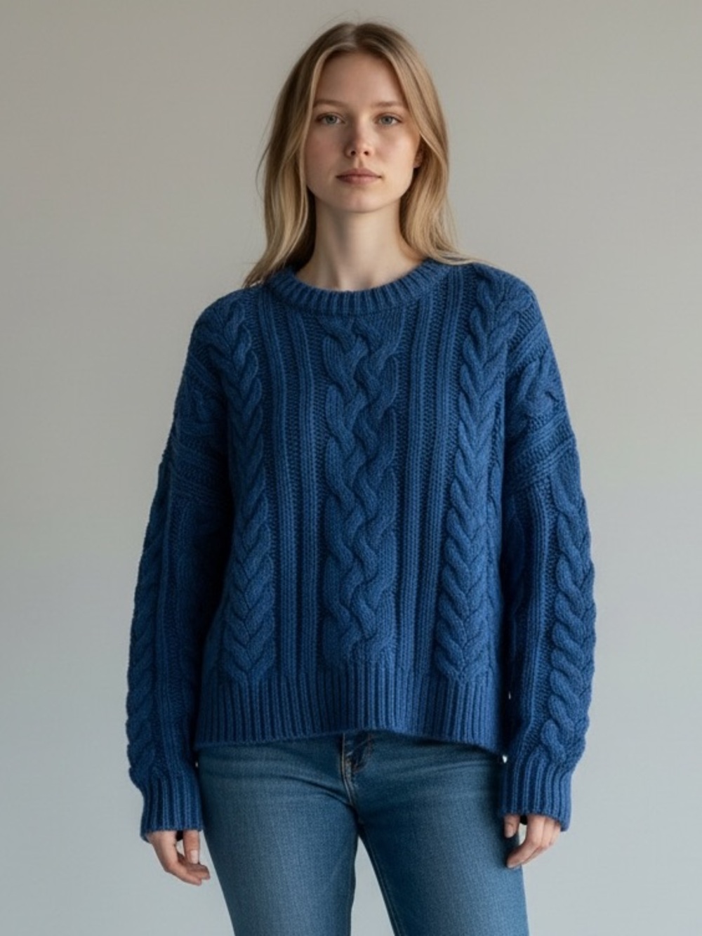 ODER Heavy Wool Cable Knit Fisherman Sweater Blue Pullover